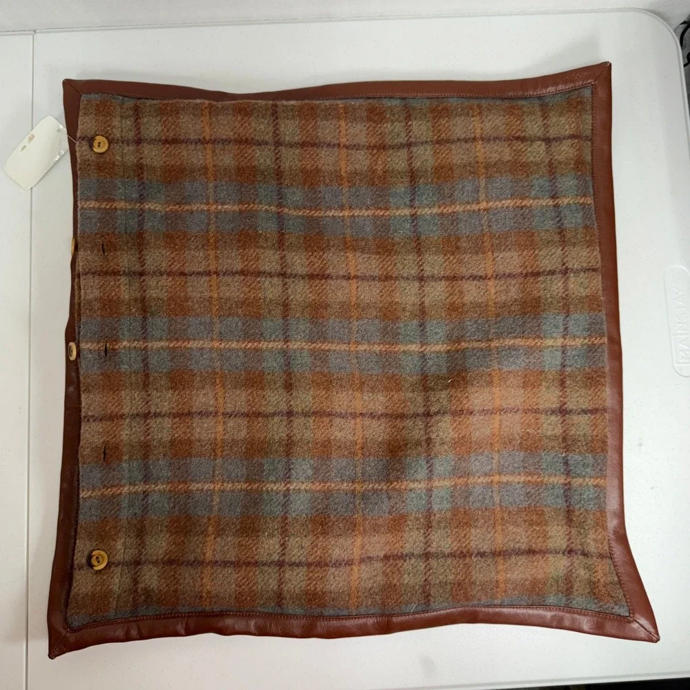 VTG Ralph Lauren Pillow Sham Bedford Hunt Plaid Wool Leather Trim Wood Buttons